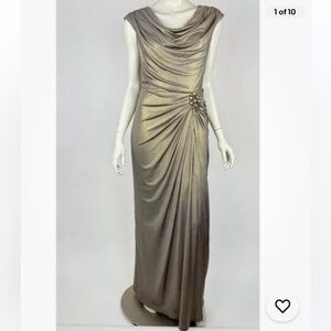 Tadashi Shoji Stretch Metallic gold Draped ruched Jeweled Dress Gown M